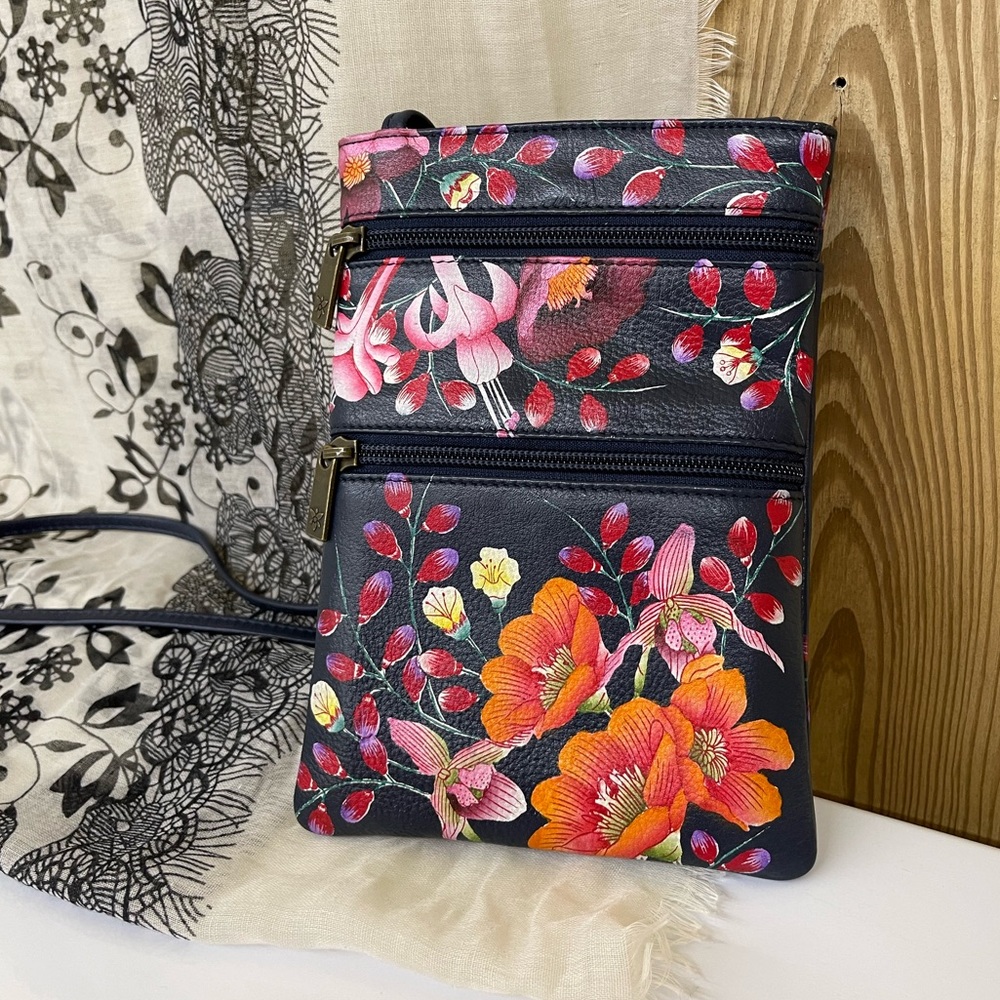 Anuschka Moonlit Meadow Mini Double Zip Travel Crossbody bag